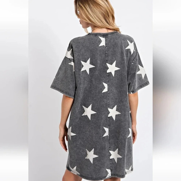 Easel Star Print Mineral Washed Ash T-shirt Dress New - Picture 2 of 4